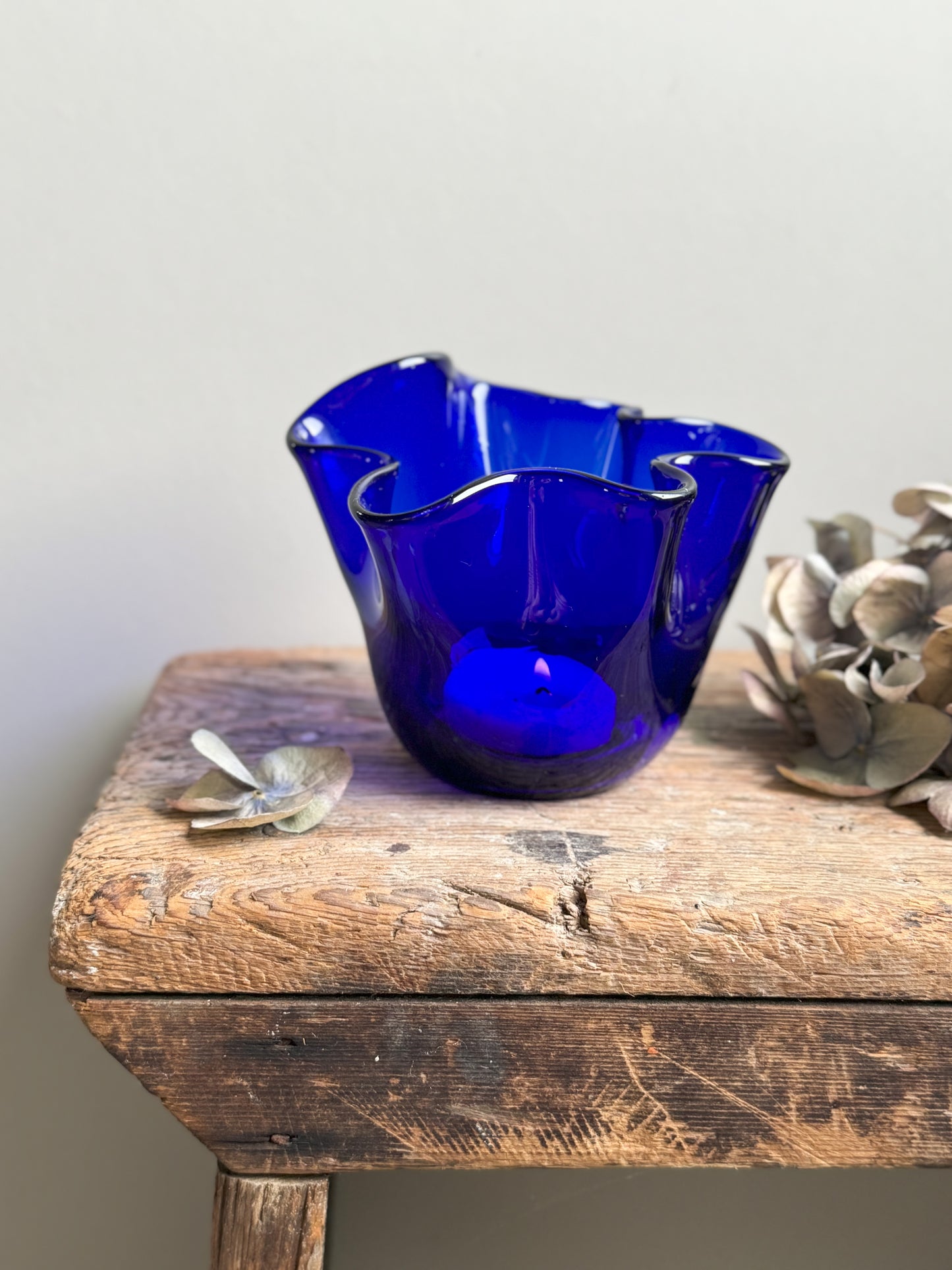 Handblown Cobalt Blue Handkerchief Glass Tea-Light Holder • Small Vase