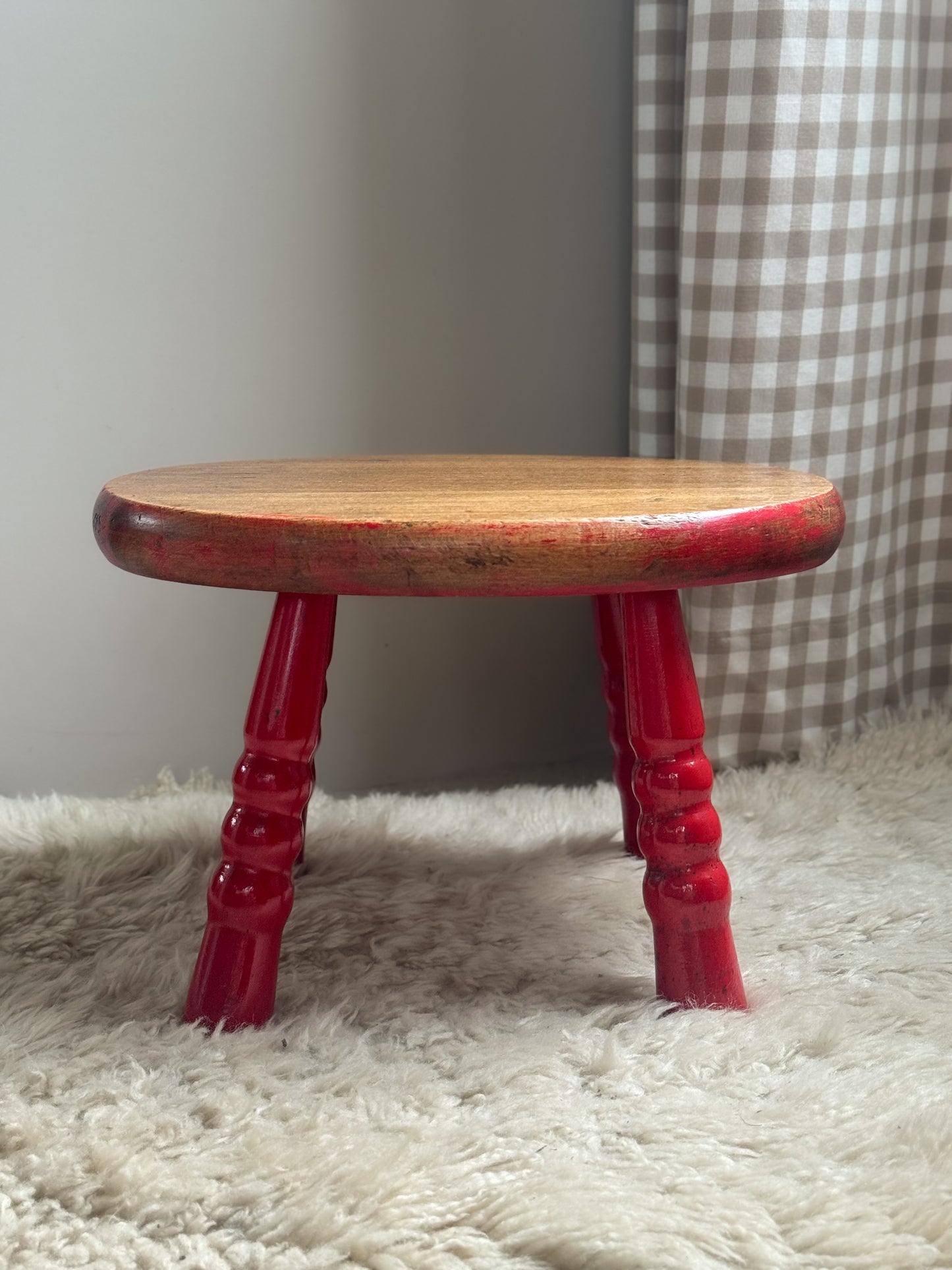 Vintage Midcentury Red Painted Handmade Wooden Stool - Made in Yugoslavia