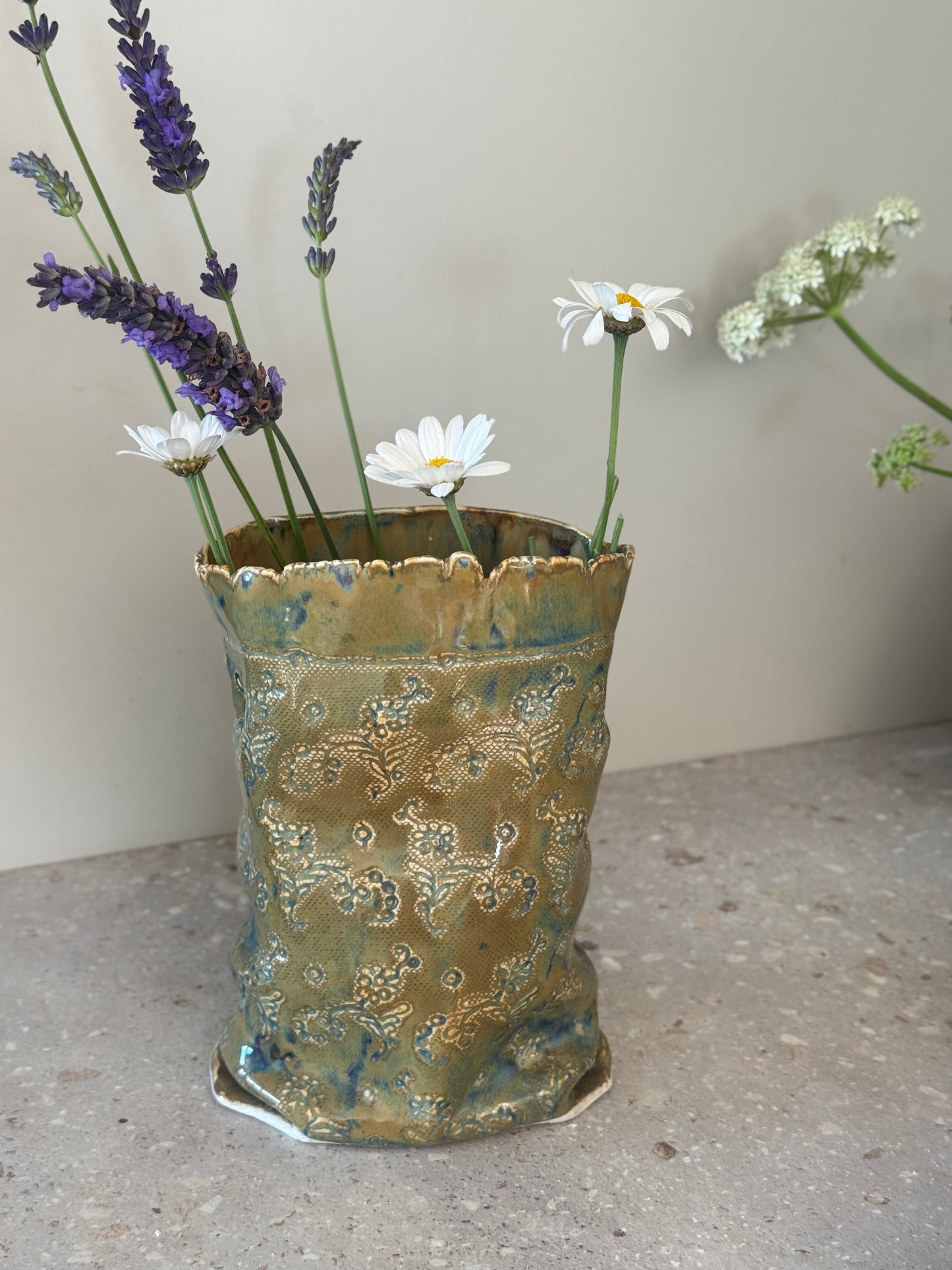 Incredible Studio Pottery Sculptural Vase with Impressed Floral Design, Signed C.Raven