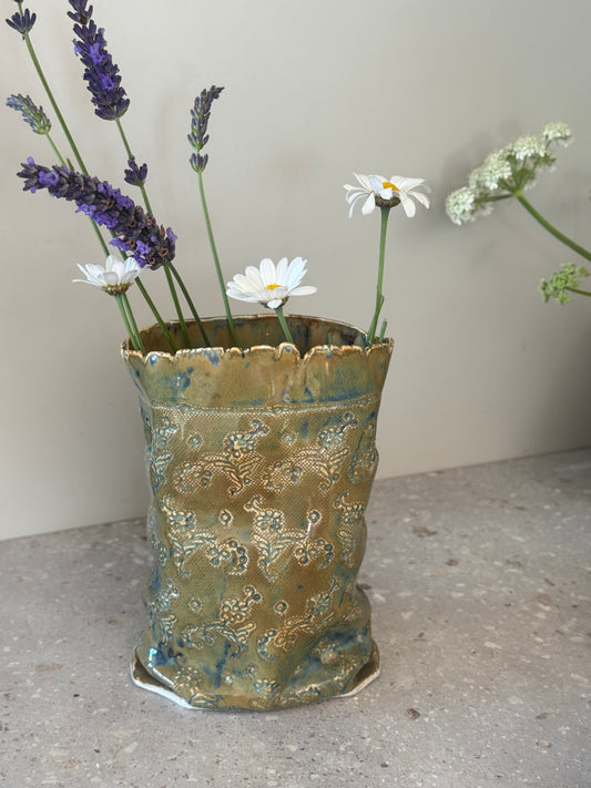 Incredible Studio Pottery Sculptural Vase with Impressed Floral Design, Signed C.Raven