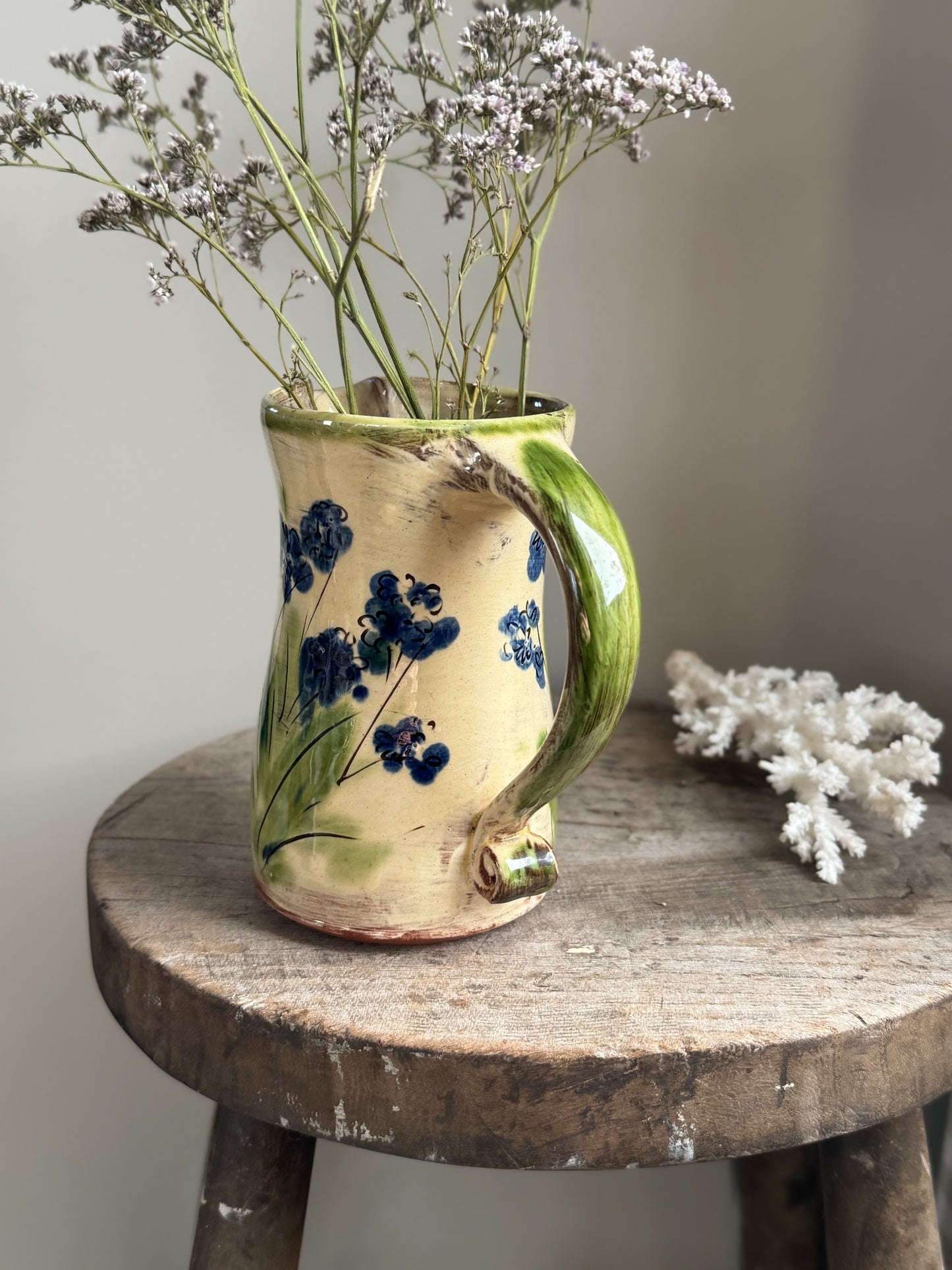 Vintage Handmade Studio Pottery Slipware Bluebells Jug