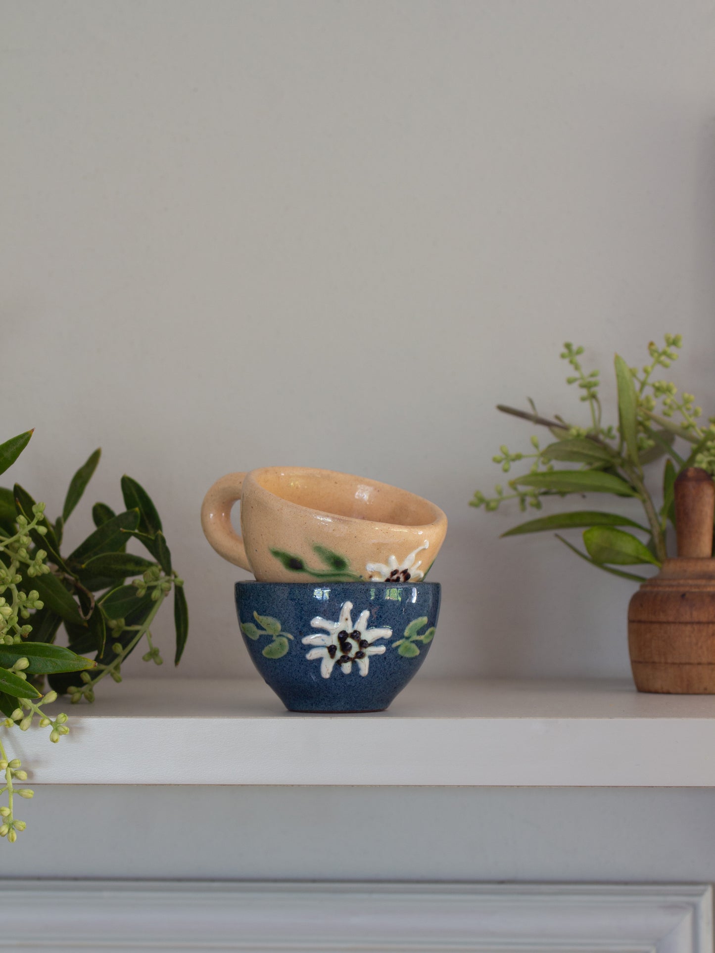 Pair of Vintage Mediterranean Hand-Painted Slipware Espresso Cups