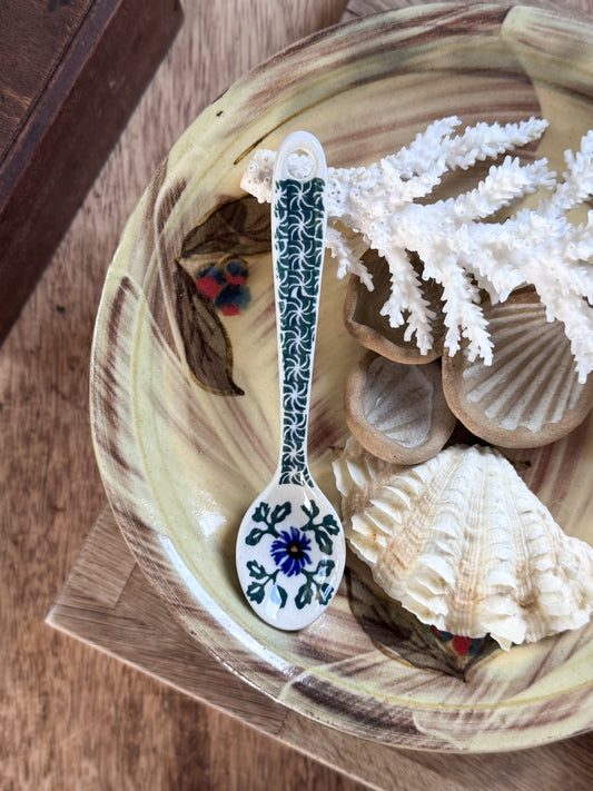 Vintage Polish Pottery Sugar Spoon with Hand-Painted Blue Floral Motif