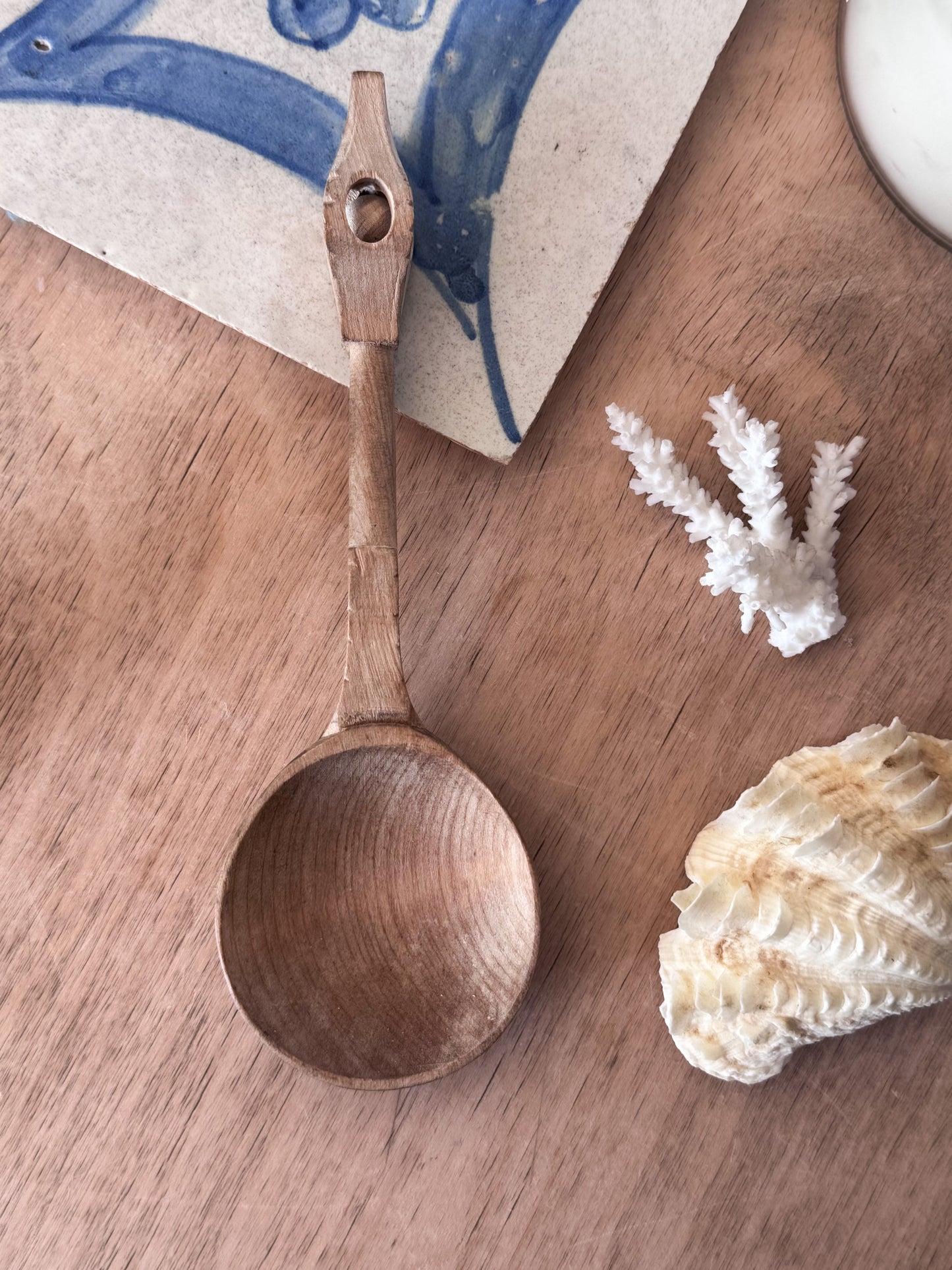 Antique Welsh Hand-Carved Cawl Spoon with Carved Ball Handle