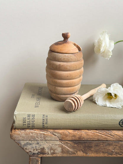 Vintage Hand-Turned Pine Honey Pot with Dipper