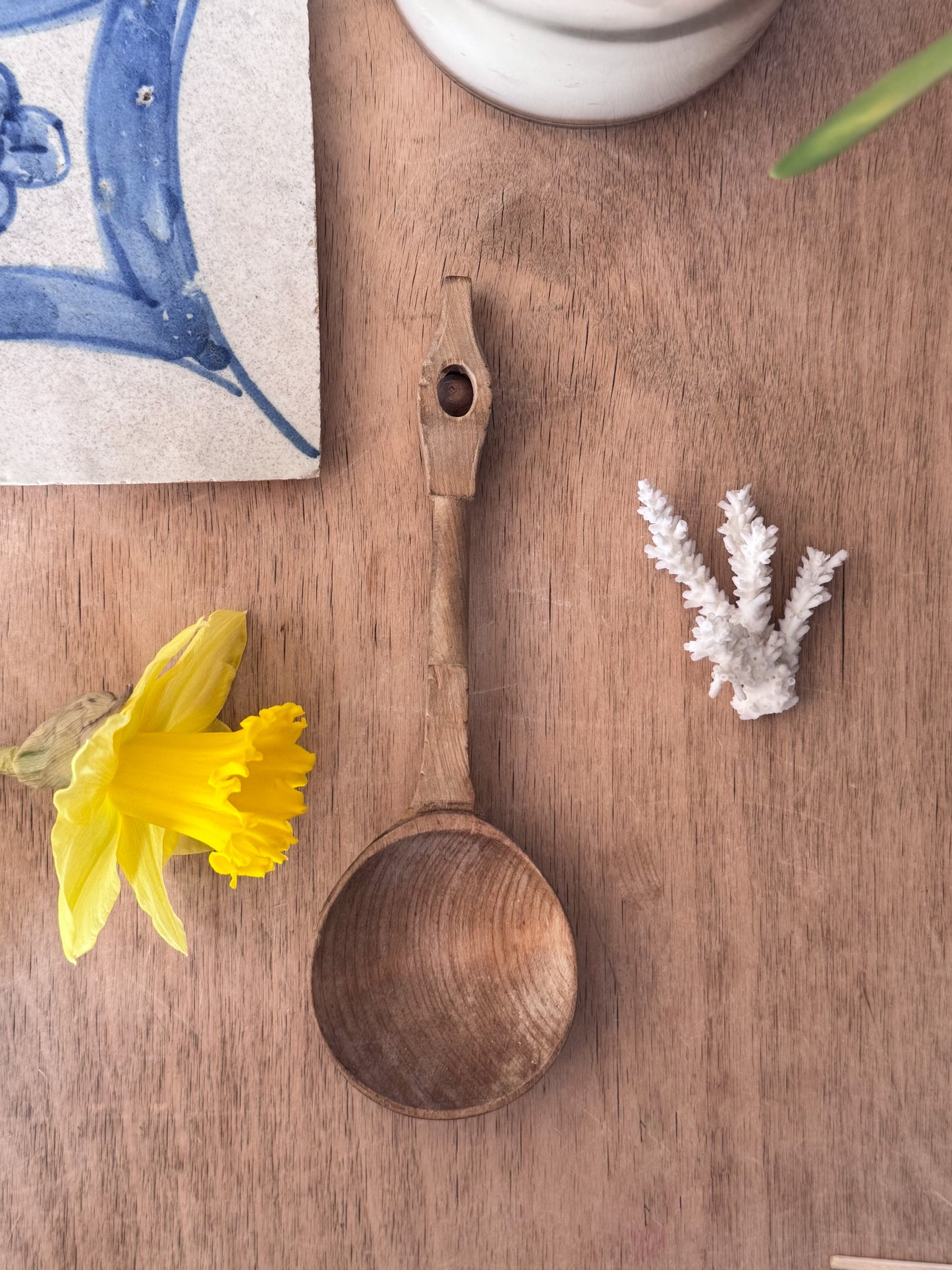 Antique Welsh Hand-Carved Cawl Spoon with Carved Ball Handle