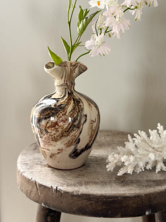 Vintage Marbled Studio Pottery Vase with Ruffled Top by Dunster Pottery