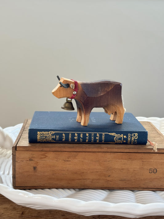Vintage Hand-Carved Wooden Cow with Brass Bell