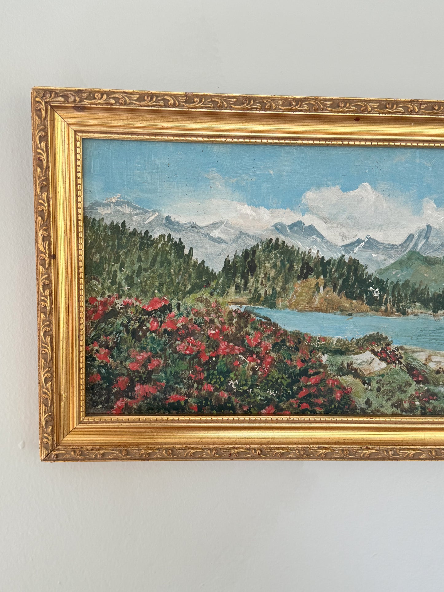 Vintage Framed Original Oil on Board Lakeside Floral Landscape