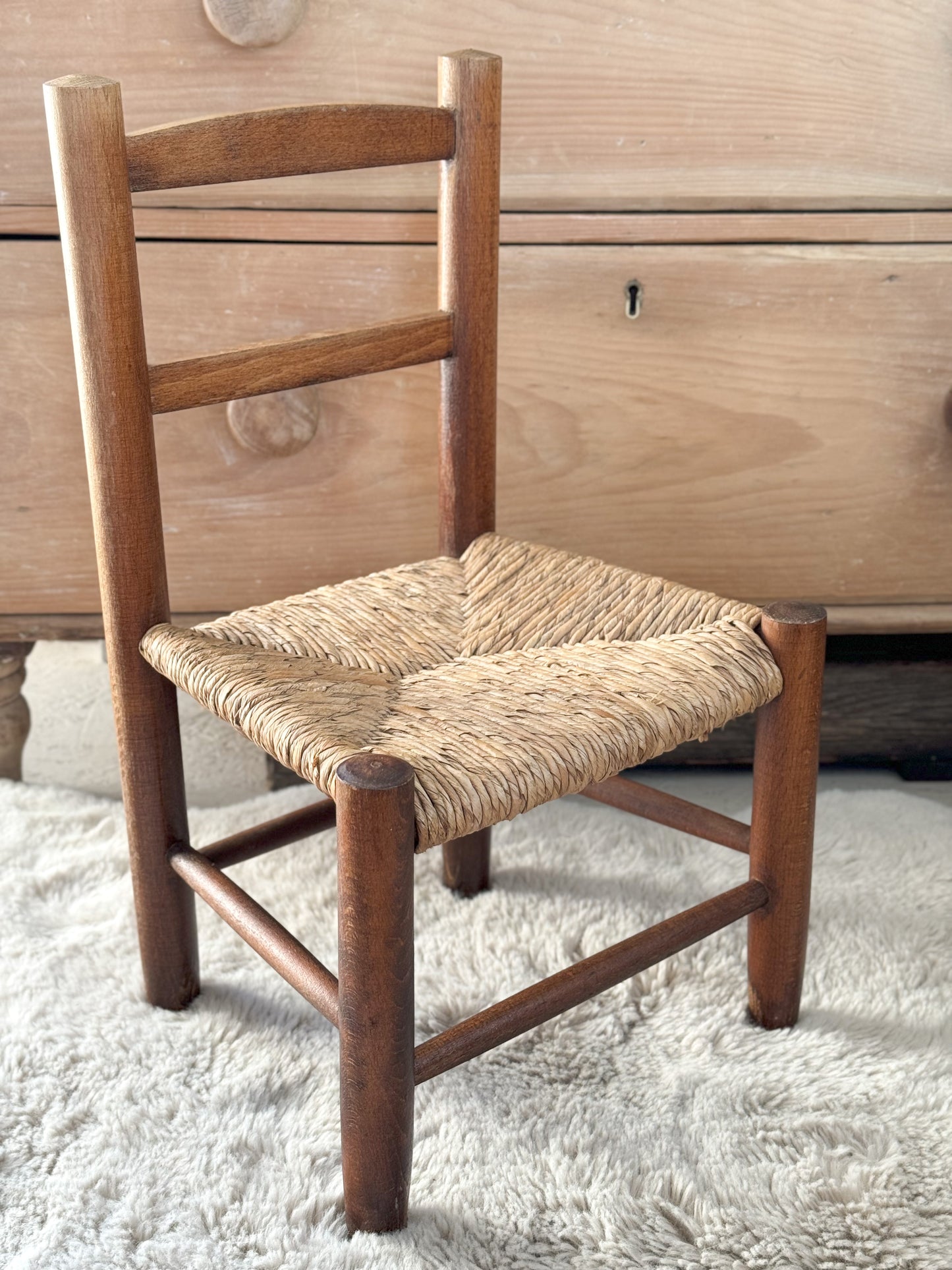 Vintage Wooden Child’s Chair with Rush Seat