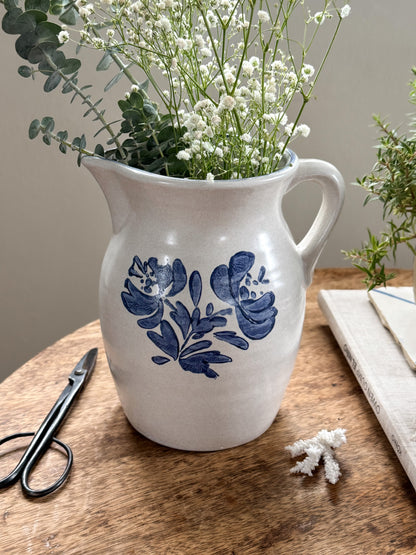 Vintage Studio Pottery Jug with Blue Hand-Painted Floral Design