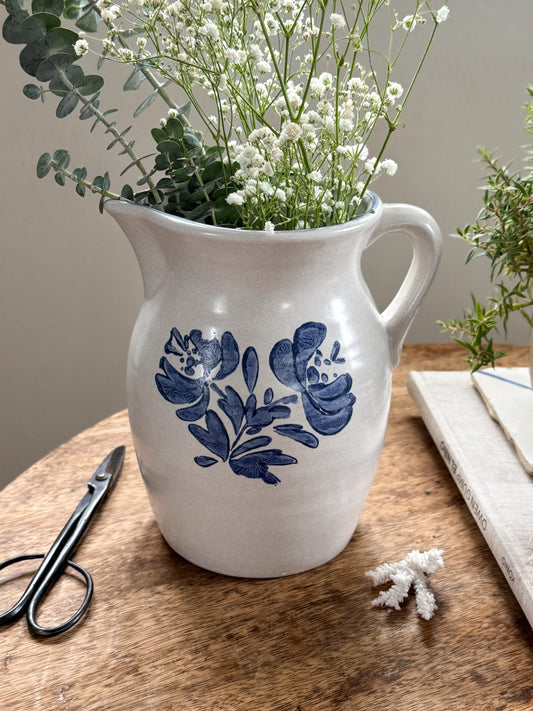 Vintage Studio Pottery Jug with Blue Hand-Painted Floral Design