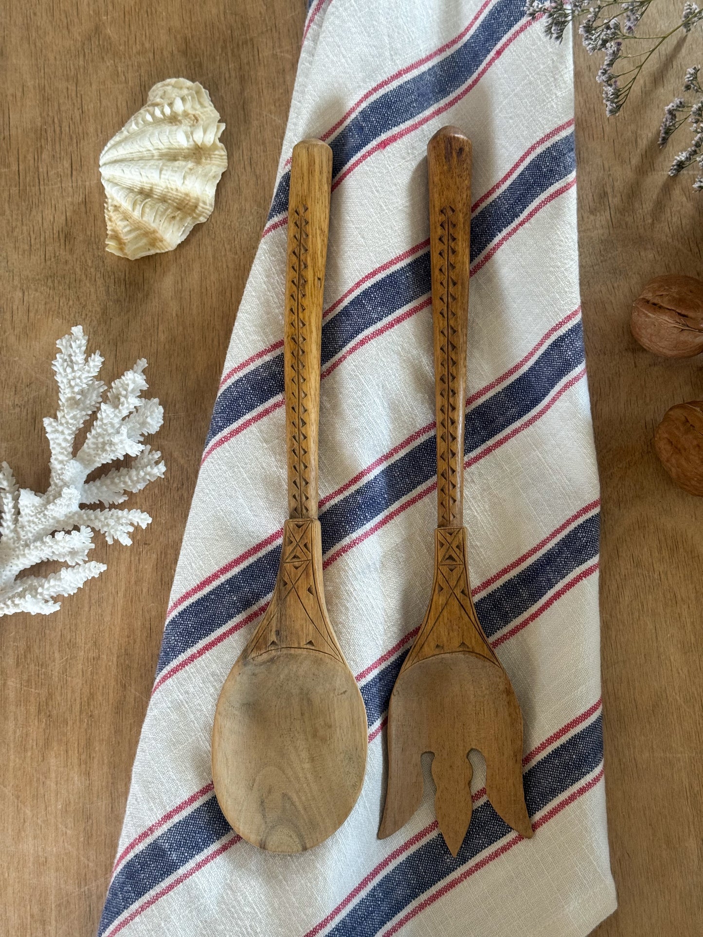 Vintage Hand-Carved Solid Wood Salad Servers - Folk-Inspired Detailing