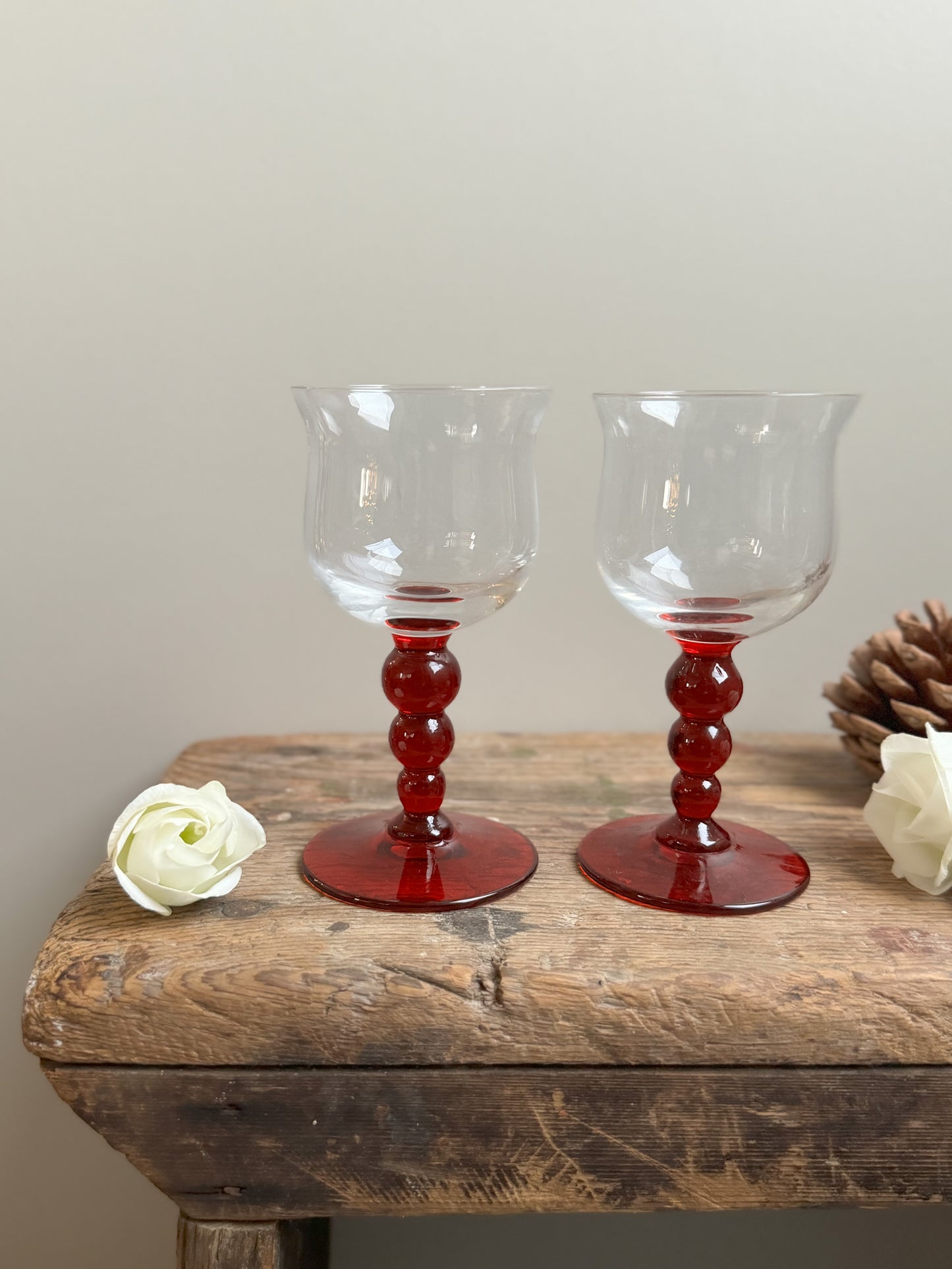 Vintage Handblown Red Bobbin Stem Liqueur Glasses (Pair)