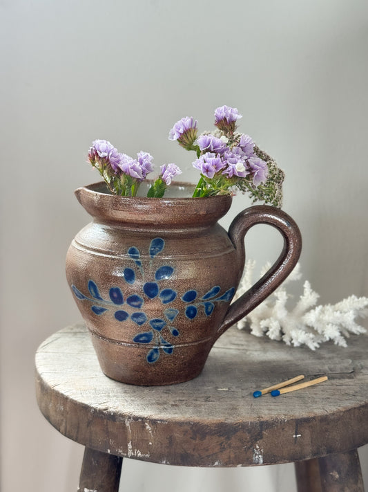 Antique French Glazed Stoneware Jug with Blue Floral Design