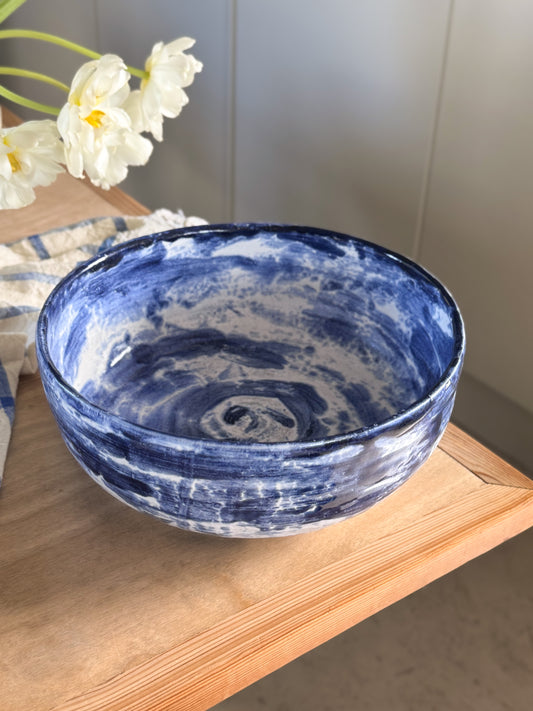 Vintage Folk Art Cobalt Blue Brushstroke Studio Pottery Fruit Bowl