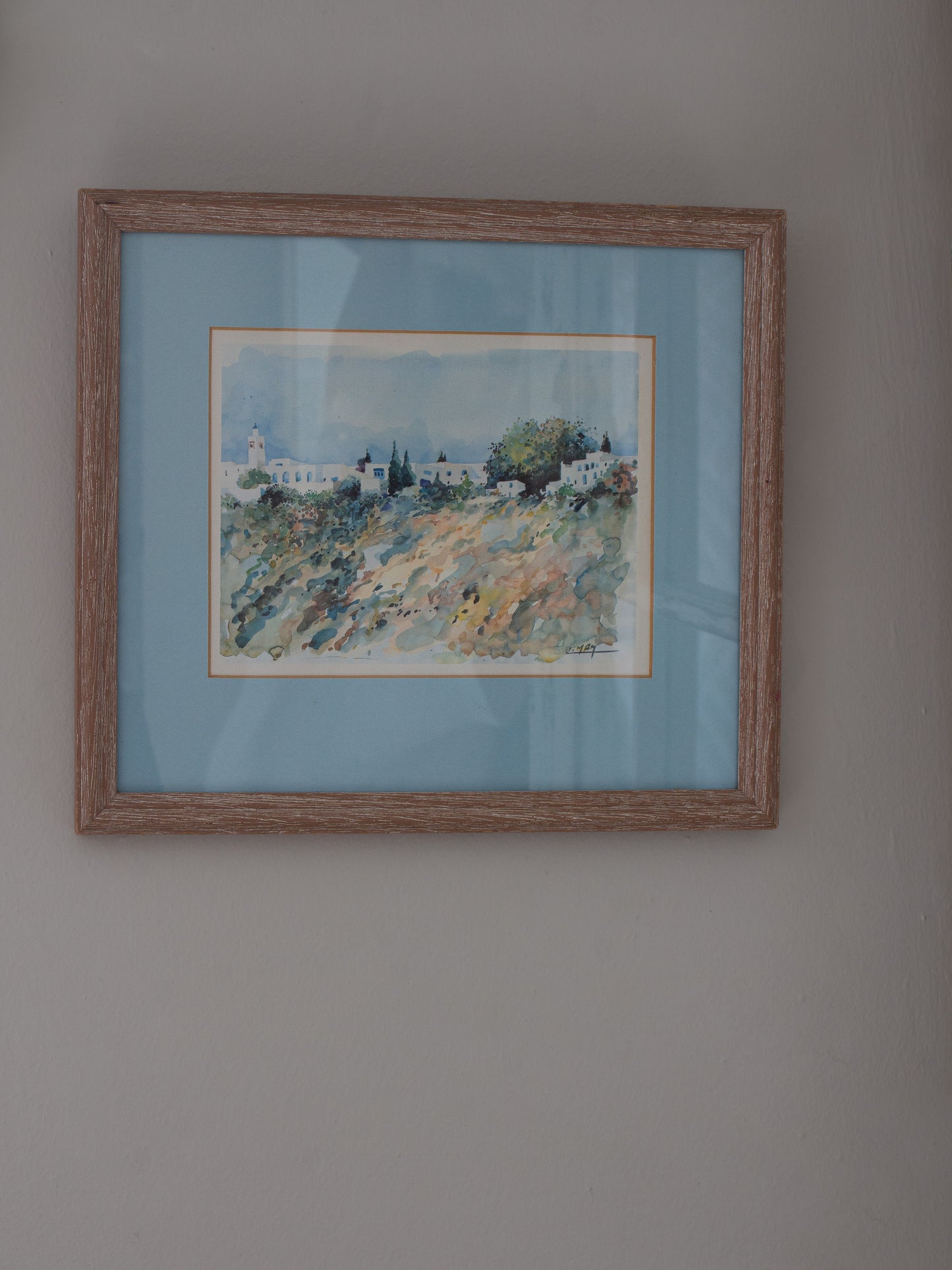 Vintage Original Framed Watercolour Painting of Mediterranean Village