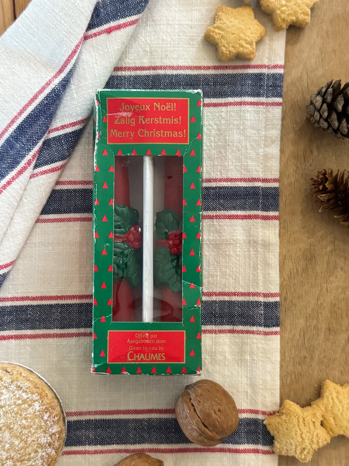 Vintage Holly Leaf Christmas Candles with Original Box