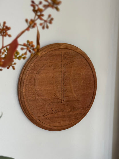 Vintage Hand-Carved Wooden Sailing Boat Serving Board