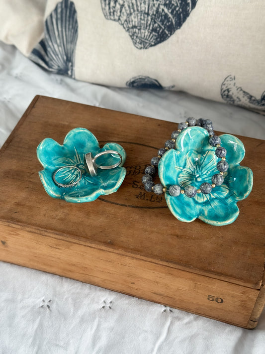 Pair of Turquoise Folk Art Studio Pottery Flower Trinket Dishes