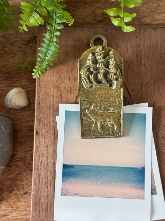 Vintage Solid Brass Letter Clip / Photo Display Clip with Ship & Stag Design