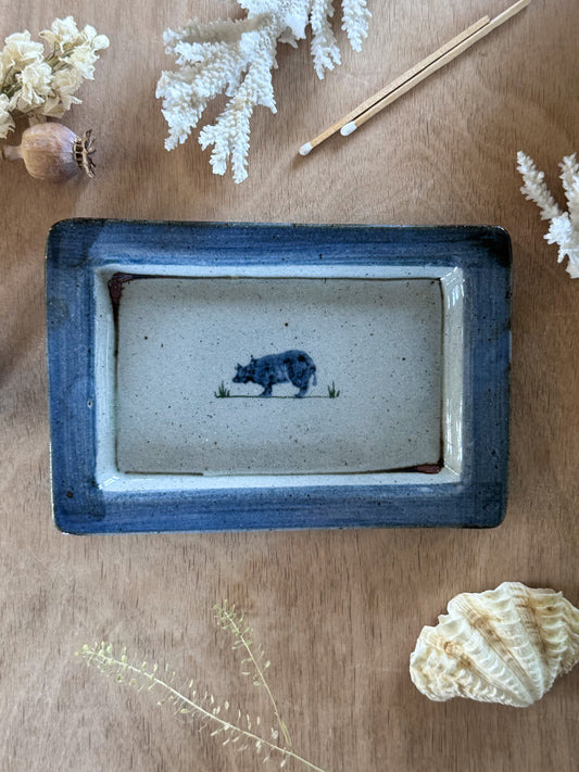 Vintage Studio Pottery Speckled Blue & Grey ‘Little Grazing Cow Wall Plate’