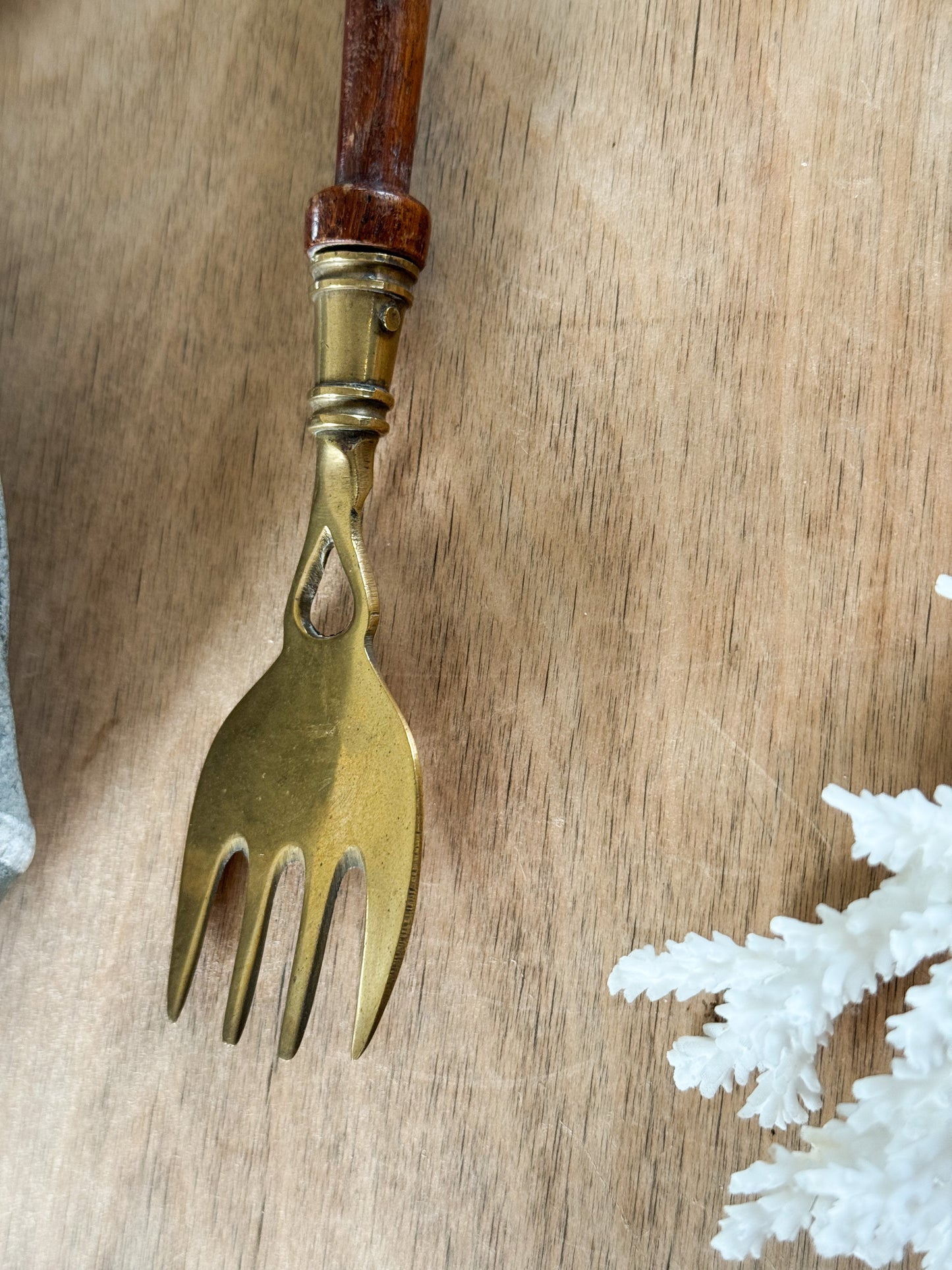 Antique Hand-Turned Wood & Brass Fork