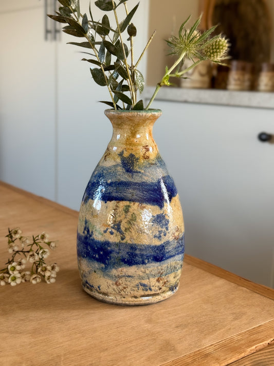 Vintage Blue & Green Abstract Raku Studio Pottery Bottle Vase