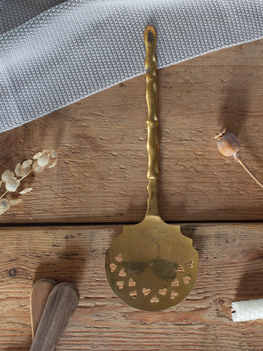 Vintage Solid Brass Ladle - Heart Cut-Outs & Bamboo-Style Handle