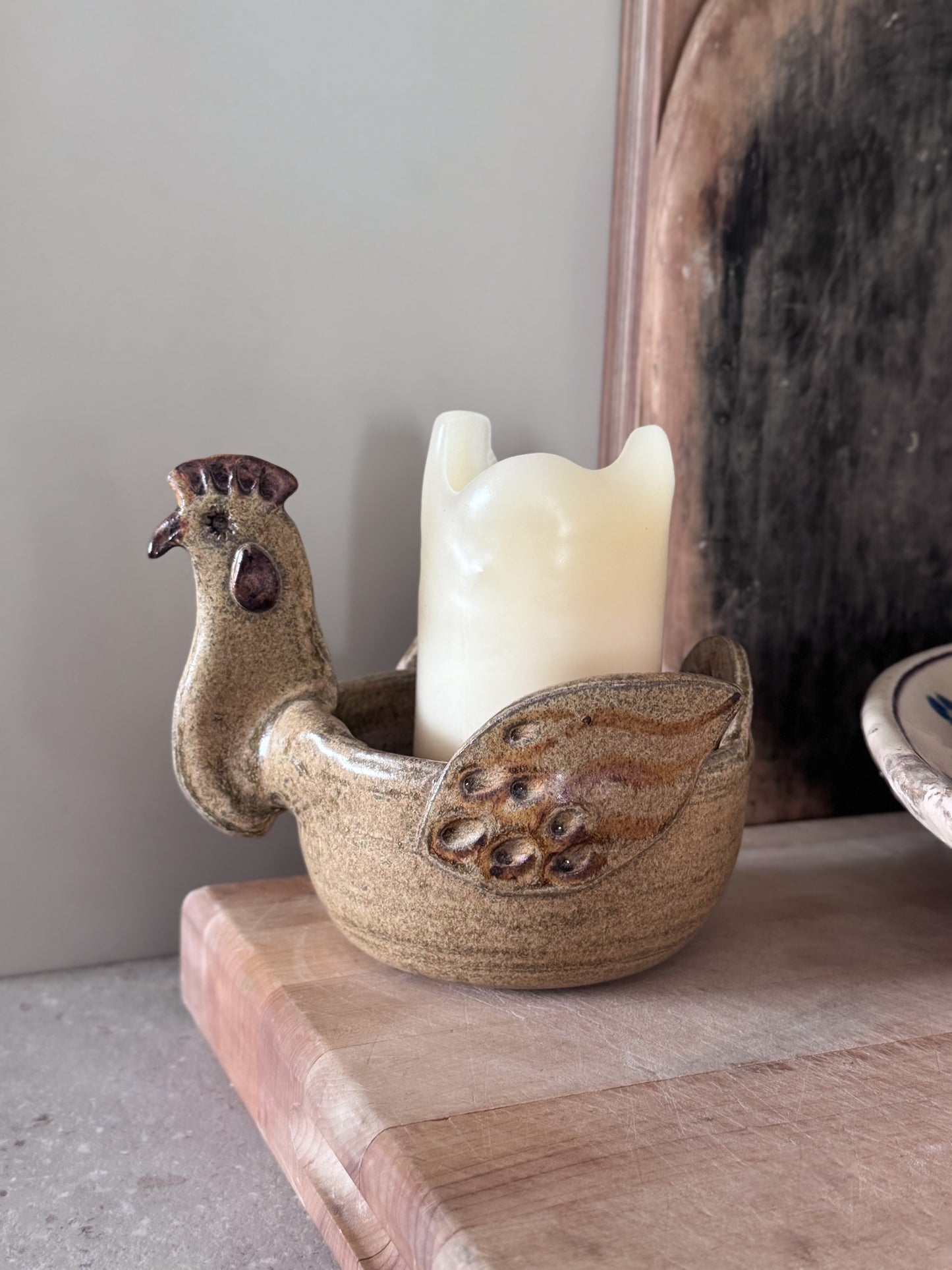 Vintage Studio Pottery Chicken Bowl, Signed ‘VW’