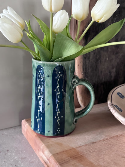 Incredible Vintage Slipware Studio Pottery Tankard - Celadon Green & Deep Blue Glaze, Impressed Seal Marks