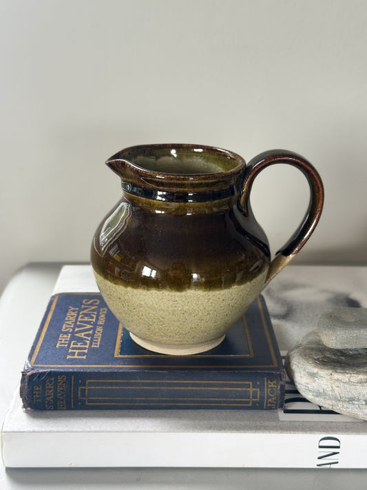 Vintage Two-Tone Studio Pottery Jug, Olive Green & Oat