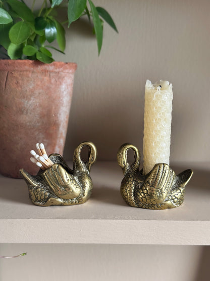 Vintage Solid Brass Swan Candle Holders / Match Pots
