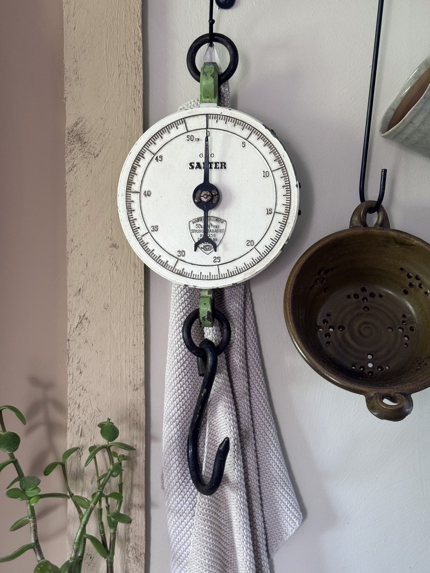 Vintage 1950s SALTER 235 Hanging Spring Balance Weighing Scale, 50lb Enamel Face • Green Chippy Paint