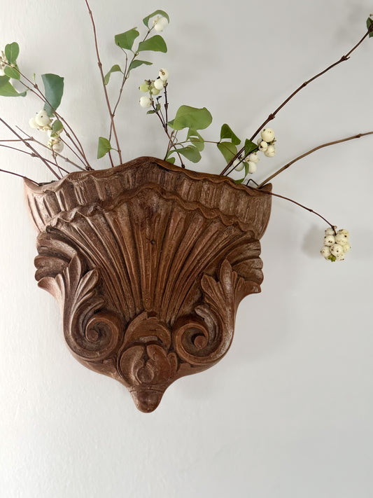 Vintage Hand-Carved Wooden Shell Wall Vase