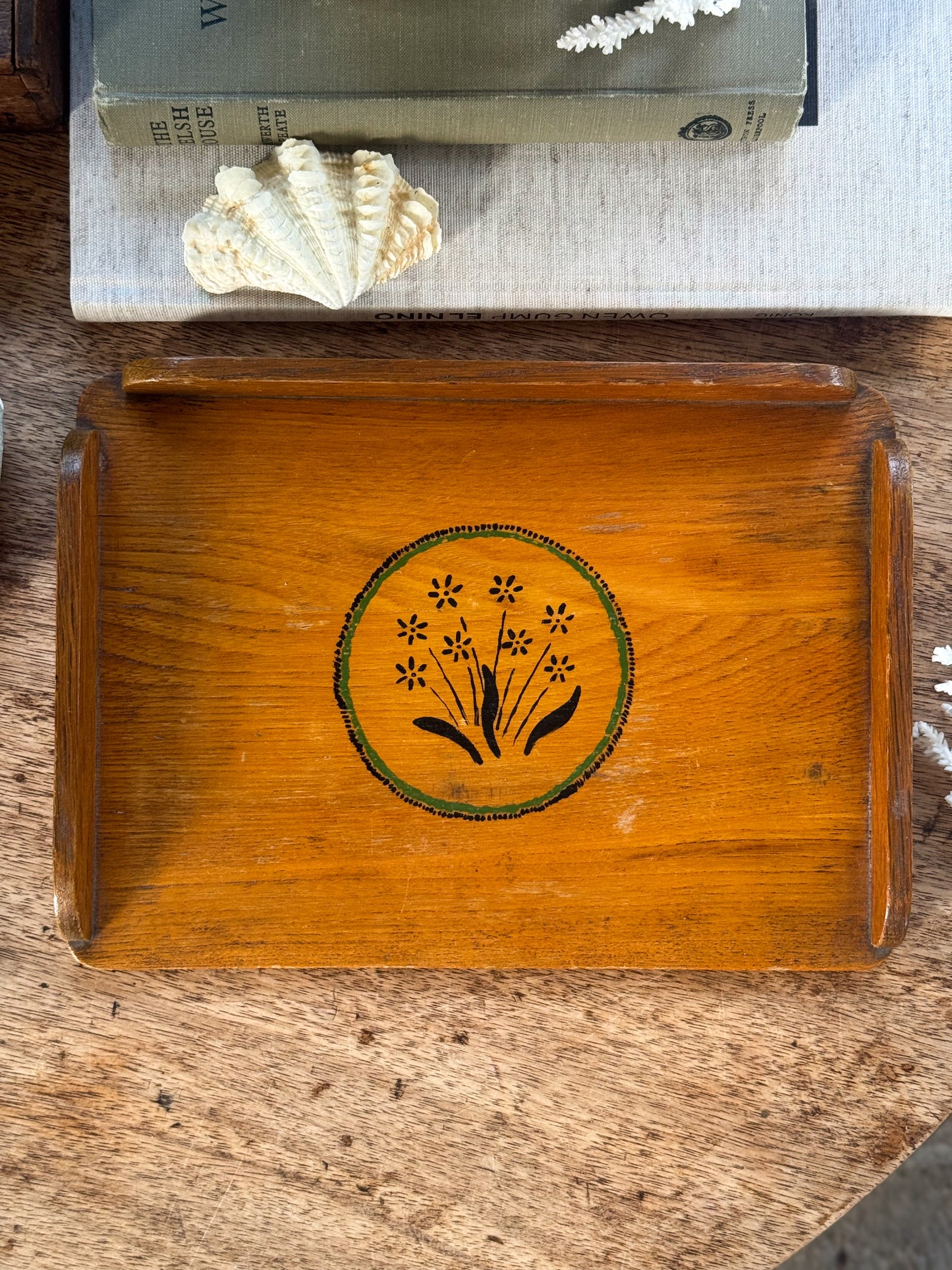 Vintage Wooden Coffee Table Tray - Hand-Painted Floral Motif