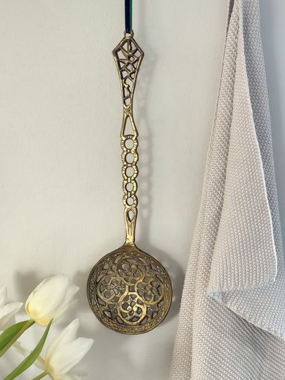 Vintage Solid Brass Hand Etched Slotted Ladle • Strainer
