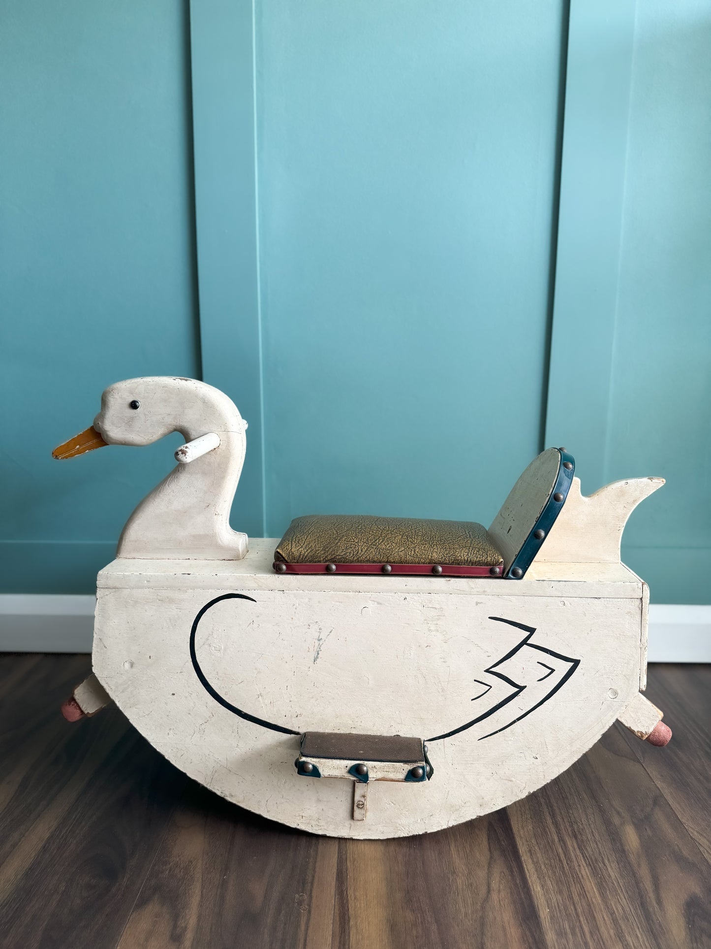 Vintage 1950s Handmade Folk Art Ride On Swan