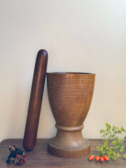 Large Hand-Turned Solid Wood Pedestal Pestle & Mortar