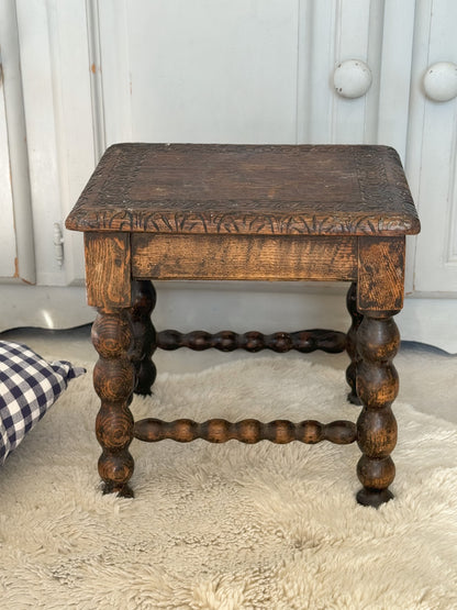 Antique Carved Solid Oak Bobbin Stool | Side Table