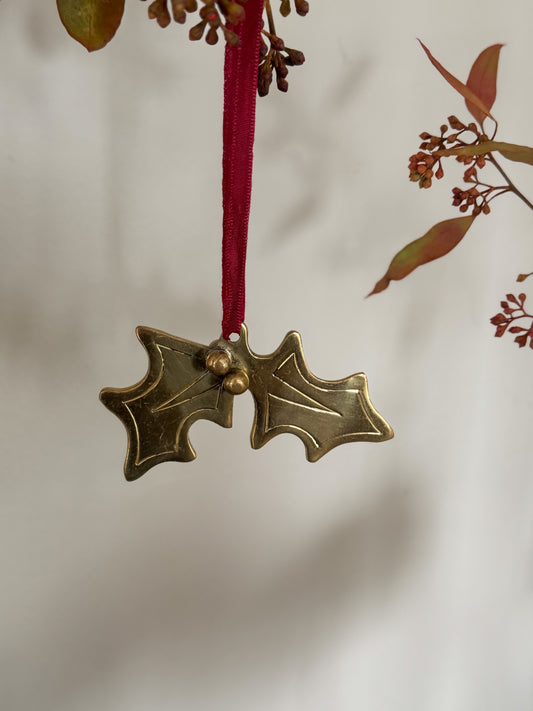 Vintage Solid Brass Holly Leaf Decoration on Red Ribbon