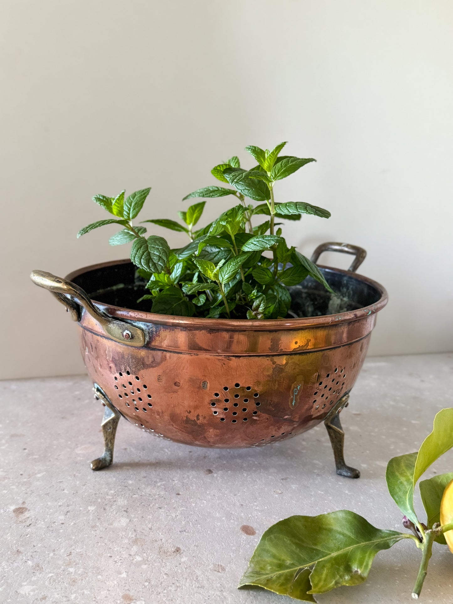 Antique French Copper Colander with Brass Feet