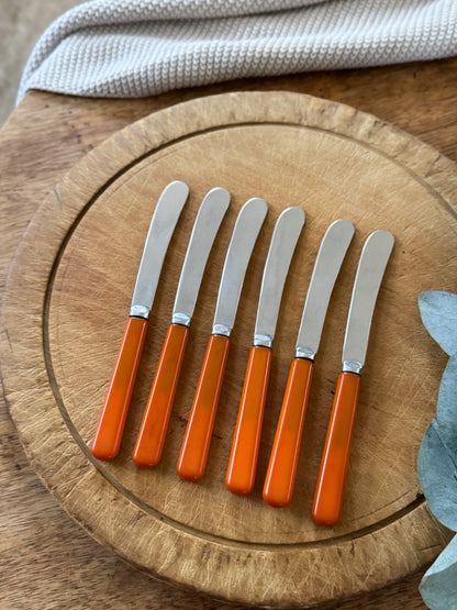 Vintage Orange Handled Chrome Plated Tea Knives, Butter Knives | Set of 6, Made in Sheffield