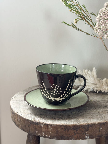 Rare Welsh Powell Pottery Slipware Cup & Saucer, Llangollen, Mid-1950s, Rhys & Jean Powell