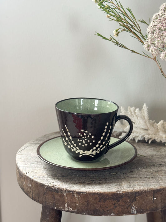 Rare Welsh Powell Pottery Slipware Cup & Saucer, Llangollen, Mid-1950s, Rhys & Jean Powell