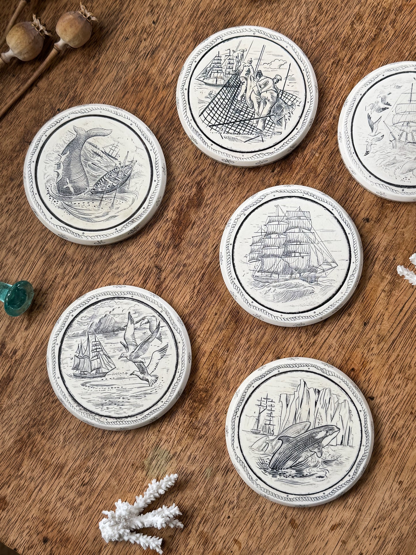 Set of 6 Vintage Etched Ceramic Nautical Coasters