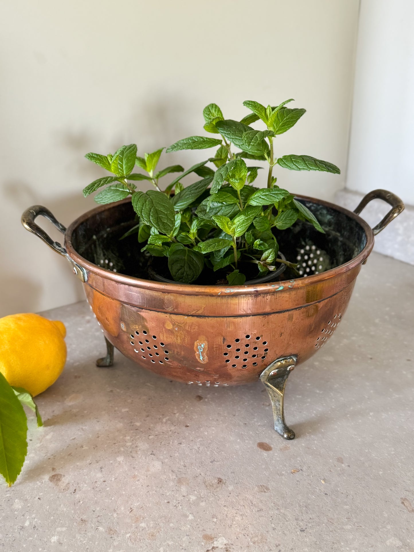 Antique French Copper Colander with Brass Feet