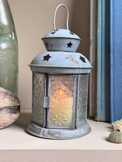 Vintage Tin & Floral Glass Lantern Candle Holder, c.1960s–70s