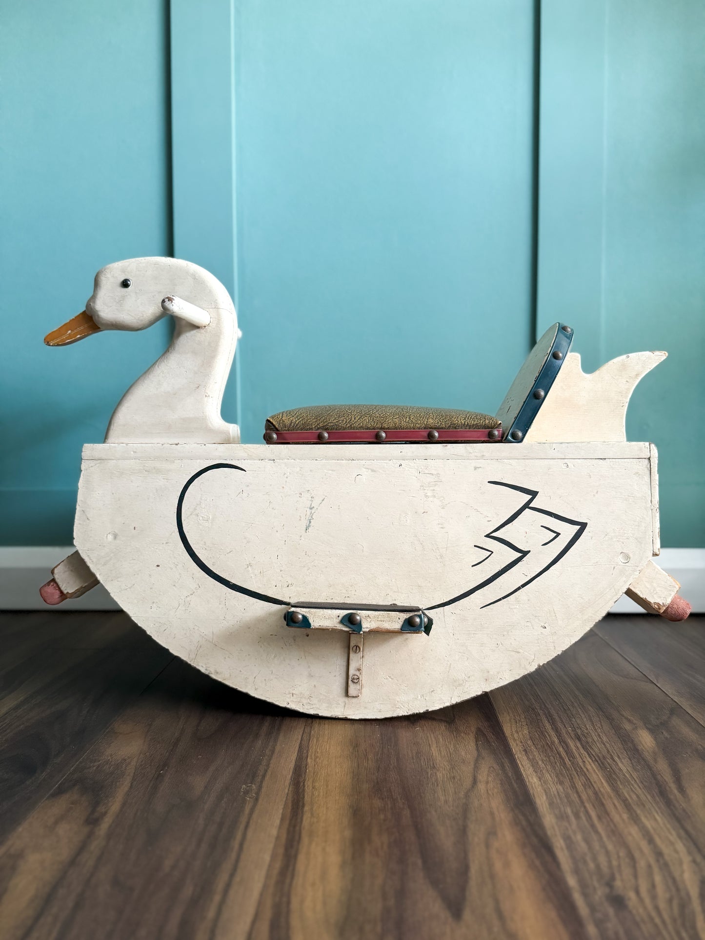 Vintage 1950s Handmade Folk Art Ride On Swan