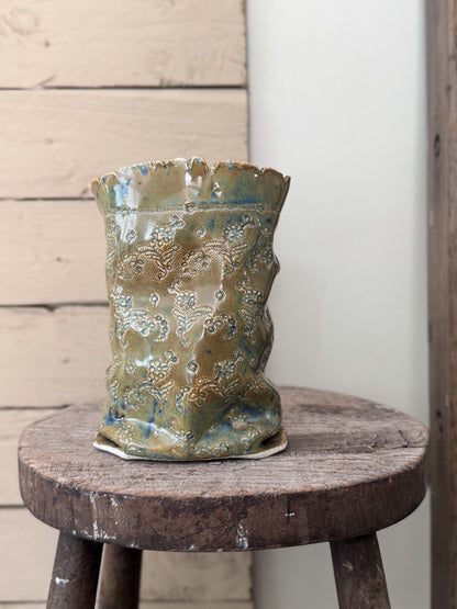 Incredible Studio Pottery Sculptural Vase with Impressed Floral Design, Signed C.Raven